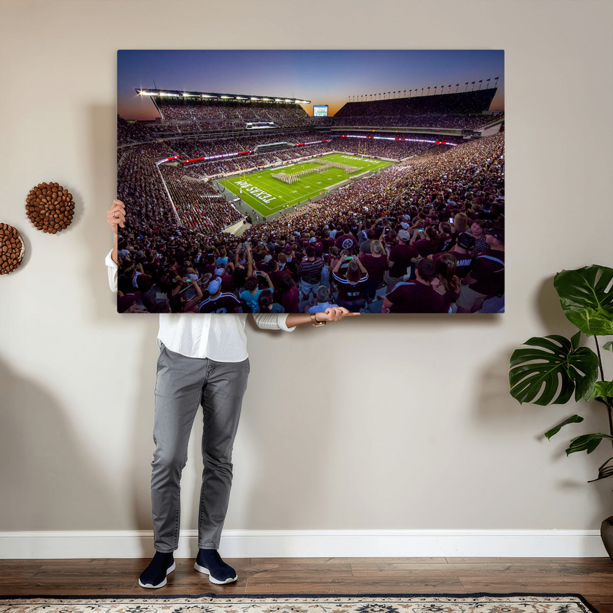25148-MGV-CV-36X24 - Texas A&M University Aggies Football Team Print, College Station Kyle Field, Framed and Ready to Hang