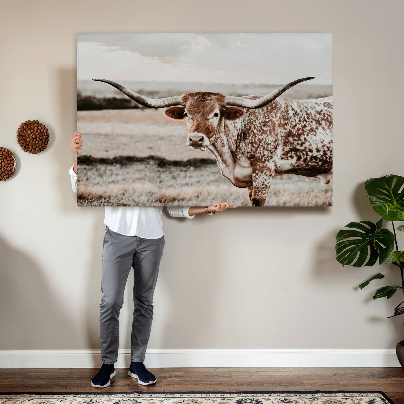 62910-MGV-CV-36X24 - Texas Longhorn Canvas Wall Art Print – Majestic Western Cattle in Rustic Farmhouse Decor – Cowboy Wall Decor