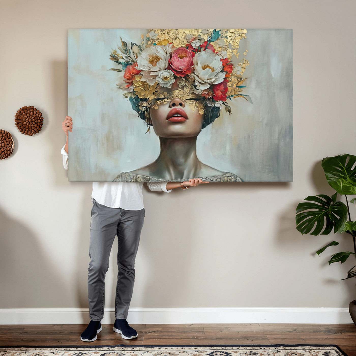 26919-MGV-CV-36X24 - Golden Petal Wall Art Canvas Print - Silhouette Woman Wall Art Canvas Print, Floral Woman Portrait