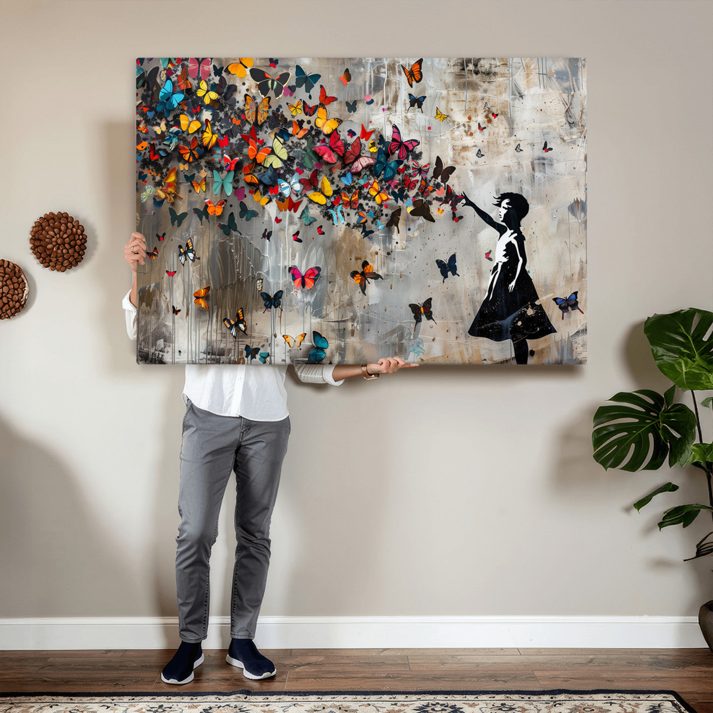 40269-MGV-CV-36X24 - Banksy Wall Art - Banksy Girl and Butterfly Explosion Wall Art Canvas Print | Girl with Butterflies