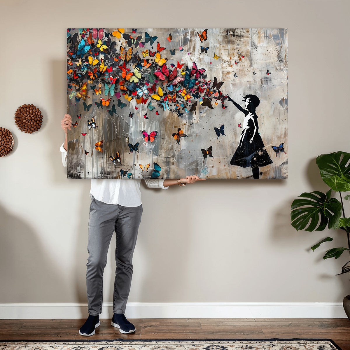 Banksy Wall Art, Banksy Girl and Butterfly Explosion Canvas Print | Extra Large 3 Piece Best Seller Wall Art