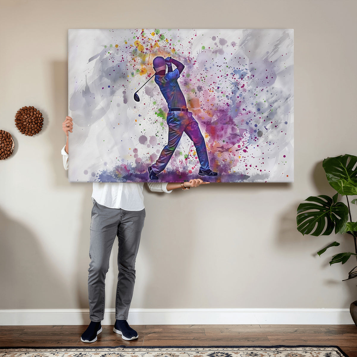 60116-MGV-CV-36X24 - Watercolor Golf Swing Wall Art Canvas Print, Vibrant, Framed and Ready to Hang