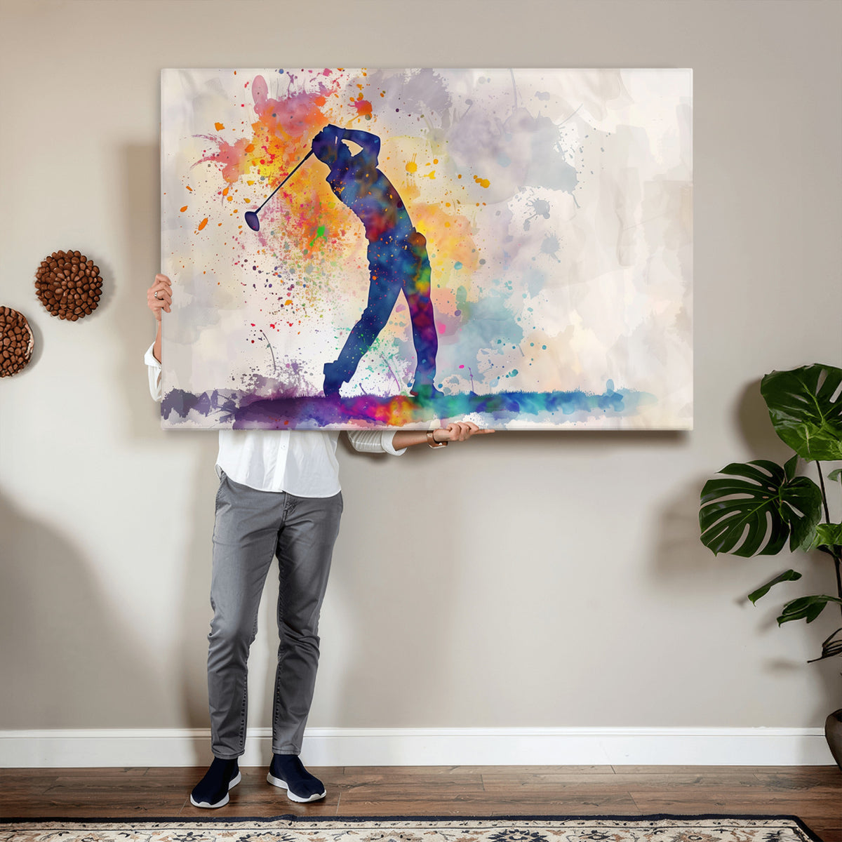 89625-MGV-CV-36X24 - Vibrant Watercolor Golf Swing Wall Art Canvas Print | Extra Large 3 Piece Canvas Wall Art