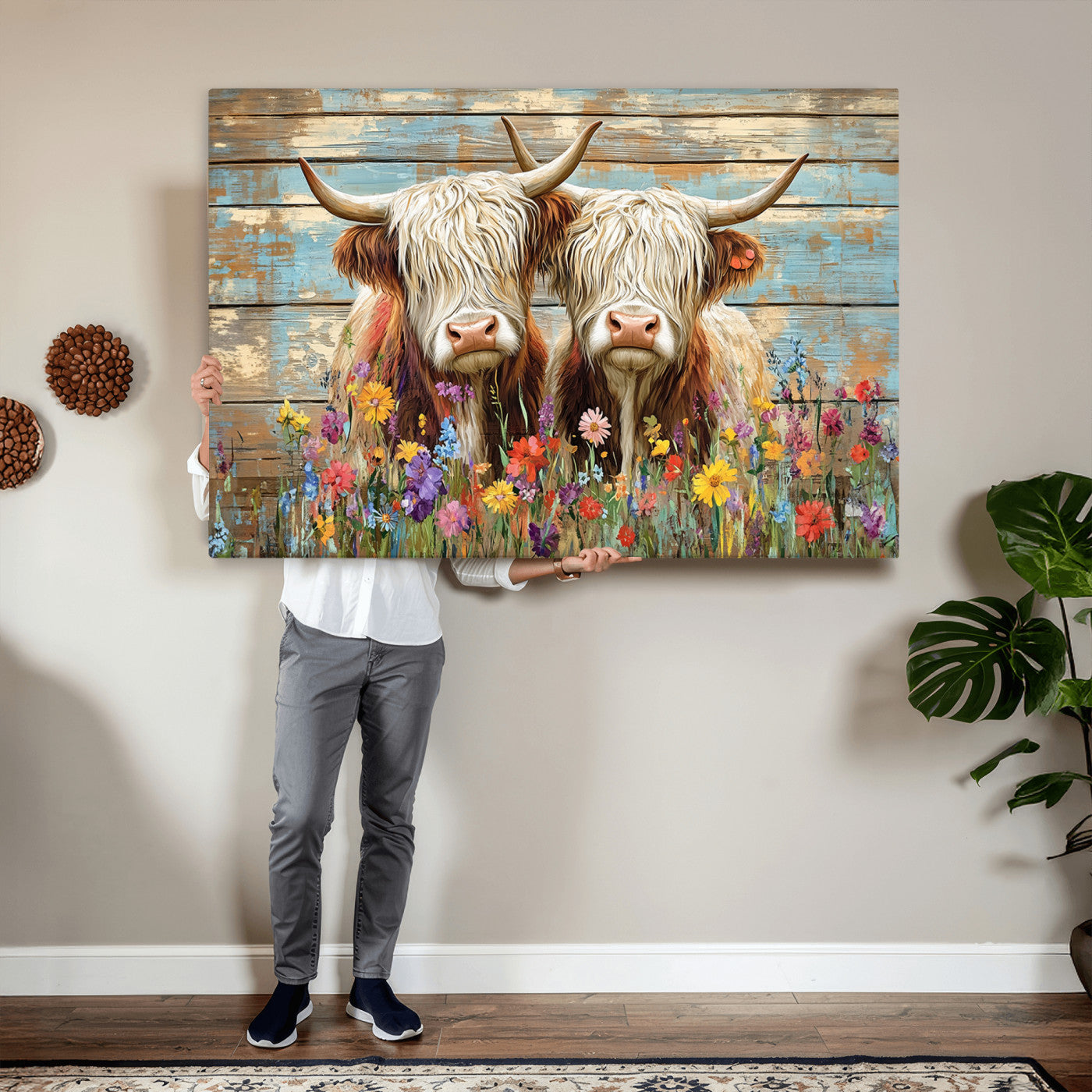 36972-MGV-CV-36X24 - Cute Highland Cow Canvas Wall Art - Rustic Farmhouse Decor with Colorful Flowers Perfect Wall Art