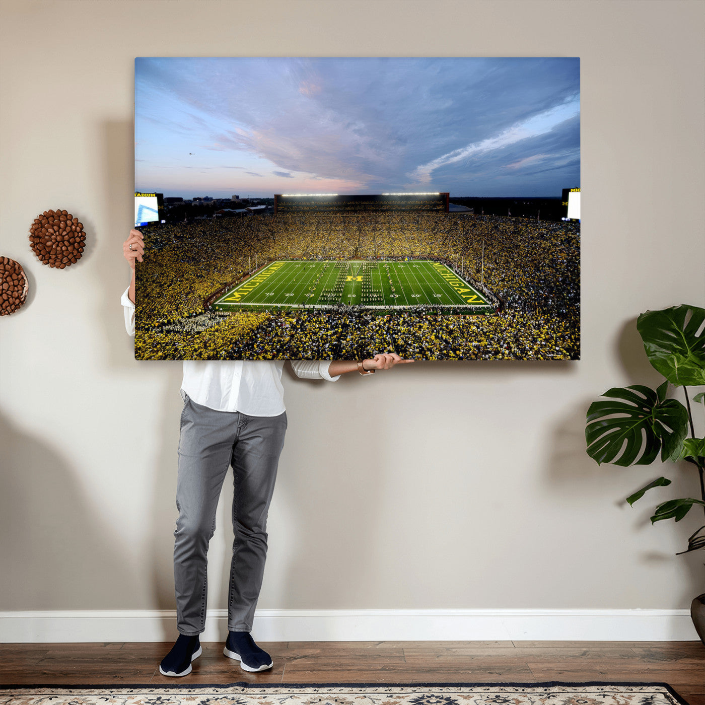 82641-MGV-CV-36X24 - Michigan Stadium Wall Art Canvas Print, Vibrant Game Day Crowd and Sunset Sky Football Field Artwork for Home, Office