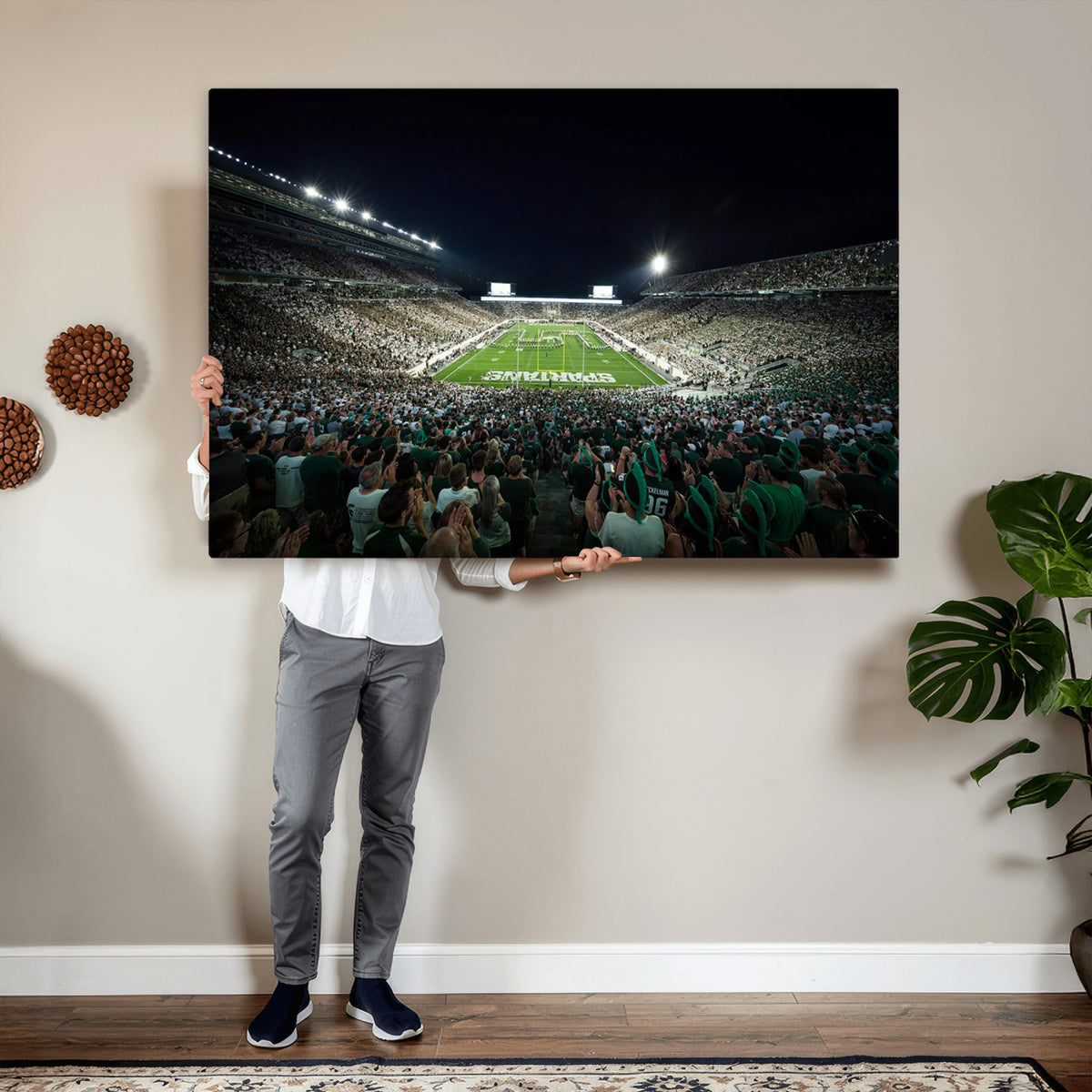 57523-PAN-FL-20X10 - Framed Michigan State Spartans Football Team Print - East Lansing Spartan Stadium Wall Art Canvas