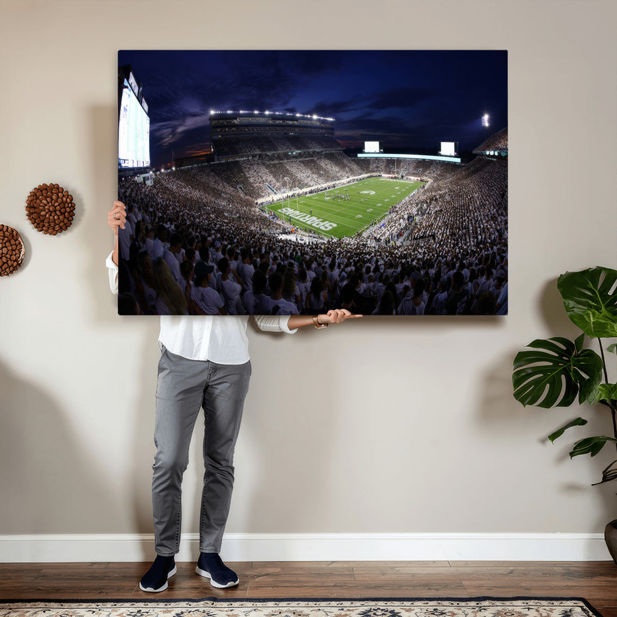 75193-PAN-FL-20X10 - Michigan State Spartans Canvas, Framed Football Team Print - East Lansing Spartan Stadium Wall Art