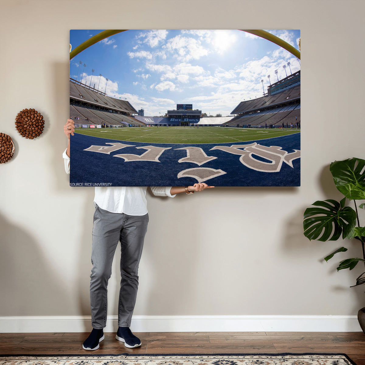 50267-MGV-CV-36X24 - Rice University Owls Football Team Print, Houston Rice Stadium, Framed and Ready to Hang