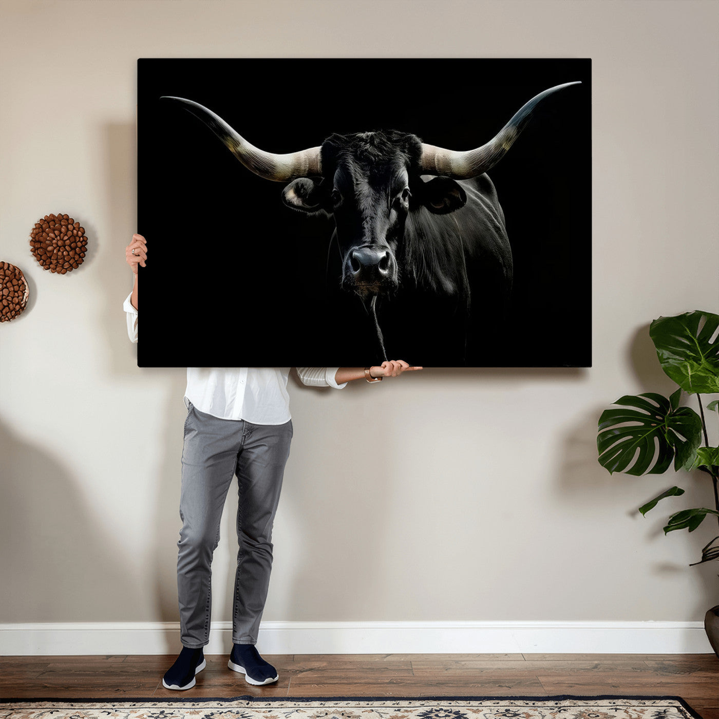 20679-MGV-CV-36X24 - Texas Black Longhorn Bull Wall Art Canvas Print - Western Texas Cattle Rustic Decor Print - Longhorn
