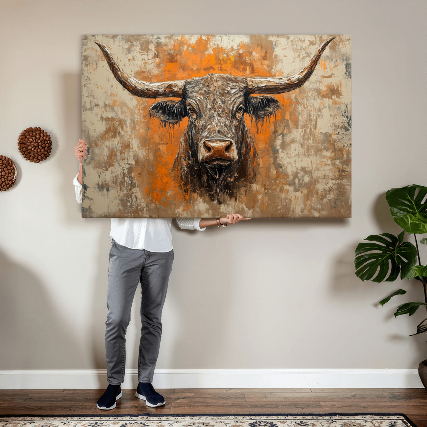 49976-MGV-CV-36X24 - Abstract Cow Longhorn Bull Wall Art Canvas Print - Rustic Texas Western Cattle Artwork