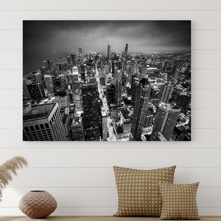 A Chicago Wall Art Canvas Print, specifically the Chicago City Night Canvas Print, is displayed in handcrafted frames.