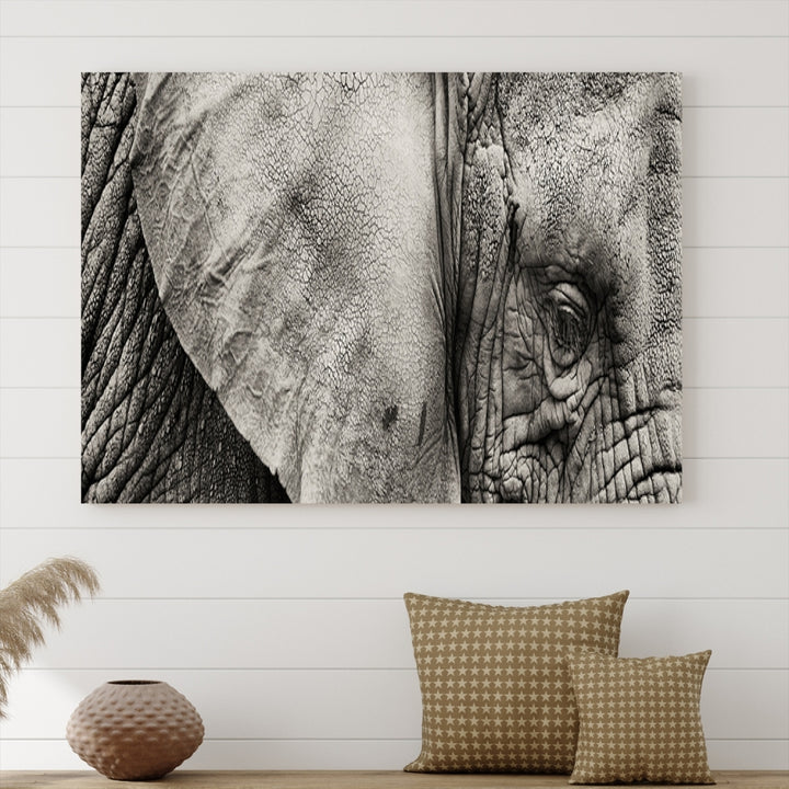 A modern living room features a large Elephant Wall Art Canvas Print in black and white, crafted on museum-quality canvases with UV-protective coating to maintain its elegance.