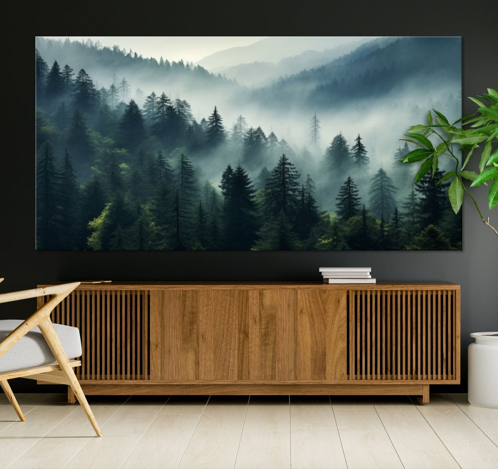 The Captivating Misty Forest Wall Art Premium Canvas Print offers a foggy and serene ambiance, enhancing the modern living room's atmosphere.