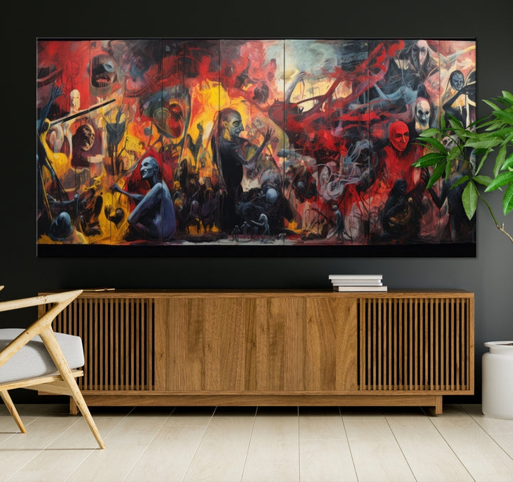 A vibrant Abstract Graffiti Wall Art triptych made of premium canvas, handmade in the USA, adorns the living room.