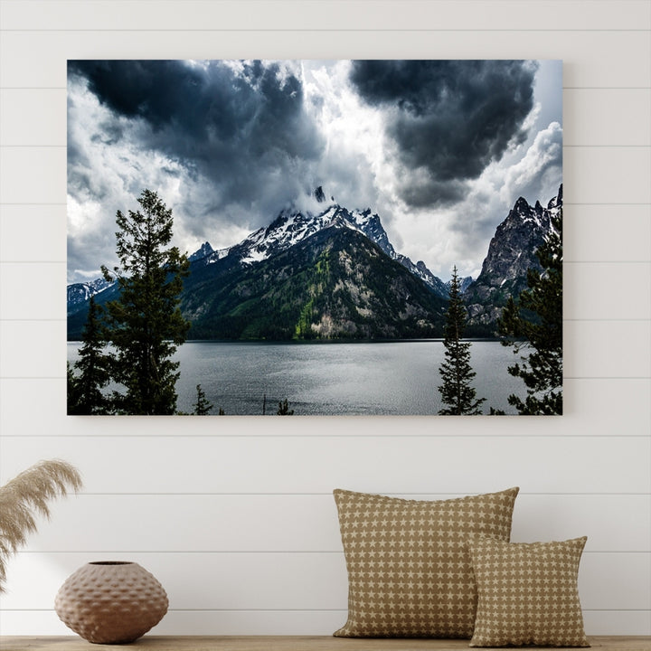 Grand Teton National Park Canvas Wall Art – Majestic Mountain Landscape Under Dramatic Clouds - Ready to Hang