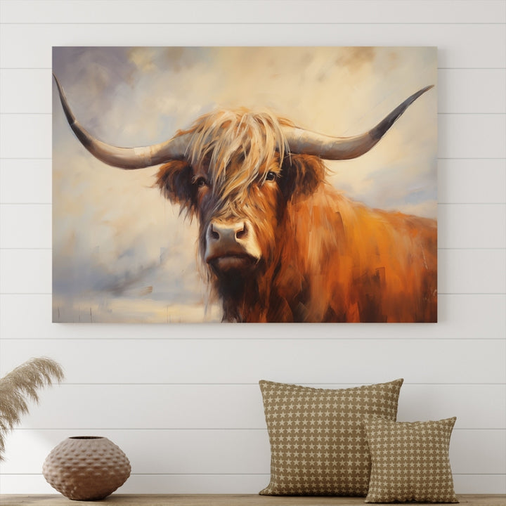 The Longhorn Highland Cow Canvas Wall Art Print, designed in a bold artistic style and perfect for rustic farmhouse decor, adds charm while hanging elegantly on the wall.