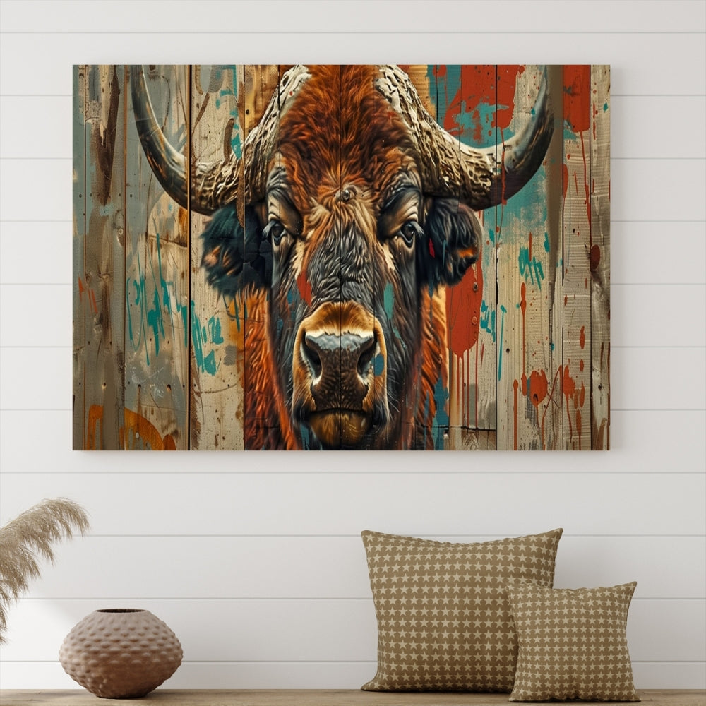 Bisonte lienzo pared arte American Buffalo Print Buffalo Impresión original Decoración rústica Arte de la pared de la granja Bison Wood fondo Large Wall Art