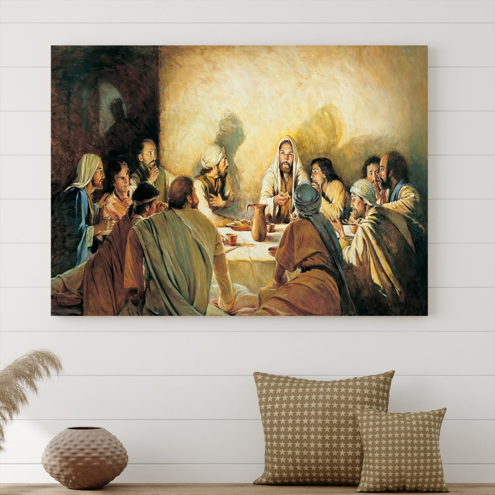 A cozy living room showcases a three-panel canvas titled "The Last Supper Canvas Wall Art – Sacred Religious Masterpiece," depicting people gathered at a table reminiscent of the Last Supper.