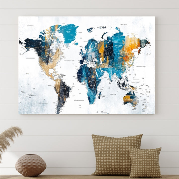 The World Map Turquoise Orange Wall Art Canvas Print, a triptych crafted on museum-quality canvases, adds aesthetic appeal and durability to the space.