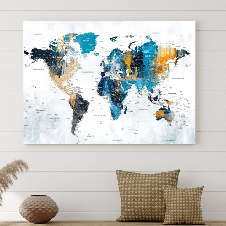 The "Turquoise Orange World Map Canvas Wall Art" showcases striking blue and orange tones. This museum-quality canvas features a UV-protective coating for enhanced durability and vibrant color retention.