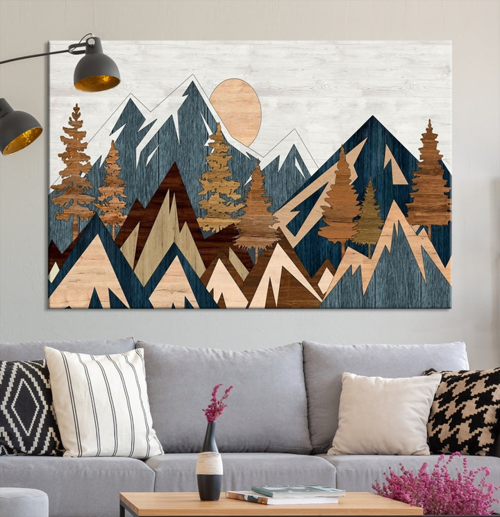 The Abstract Wood Panel Effect Mountain Range Top Wall Art Canvas Print is a striking three-panel art piece featuring mountains, trees, and the sun. Each canvas is gallery wrapped on museum-quality materials and comes with UV protection to ensure durability and preservation.