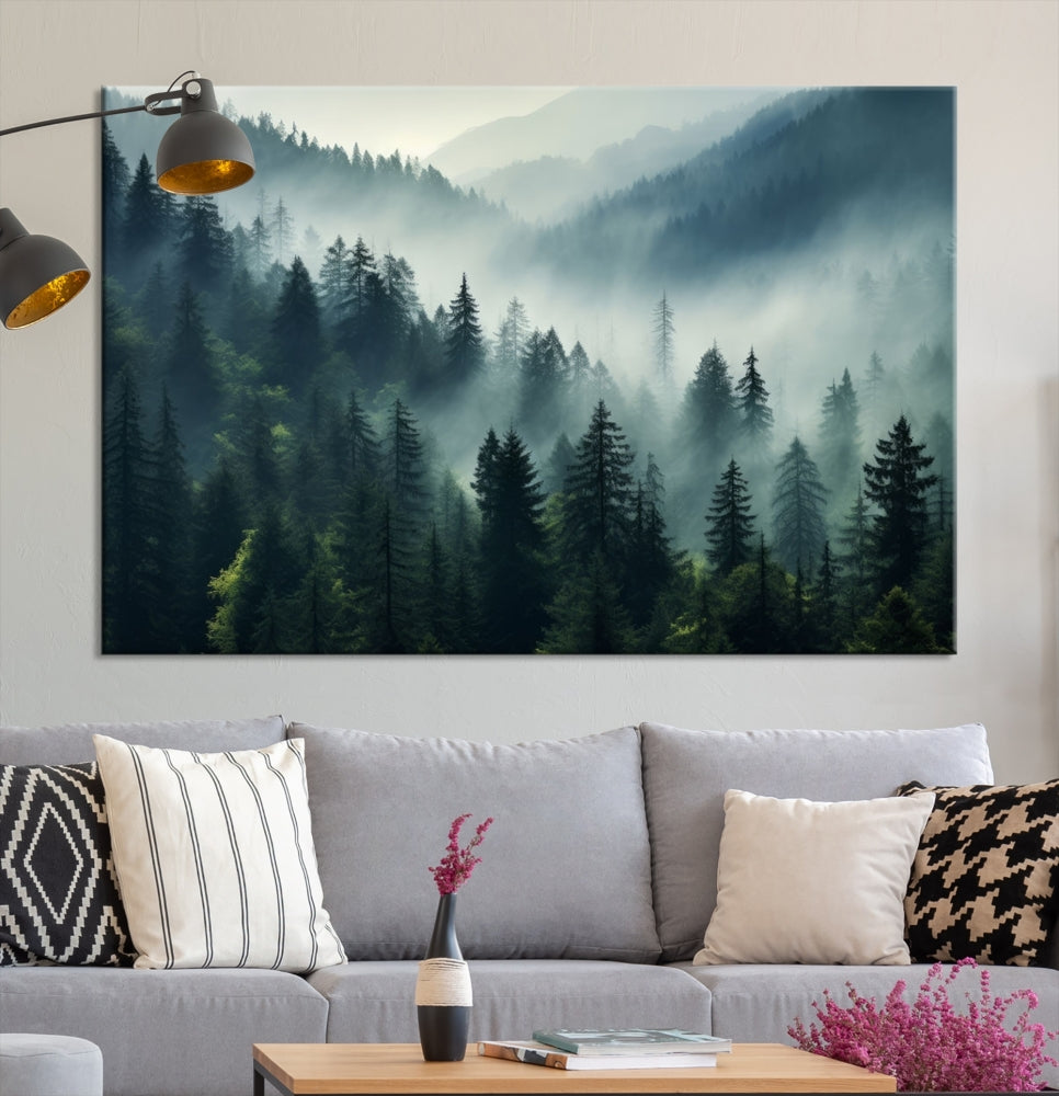 The Captivating Misty Forest Wall Art Premium Canvas Print offers a foggy and serene ambiance, enhancing the modern living room's atmosphere.