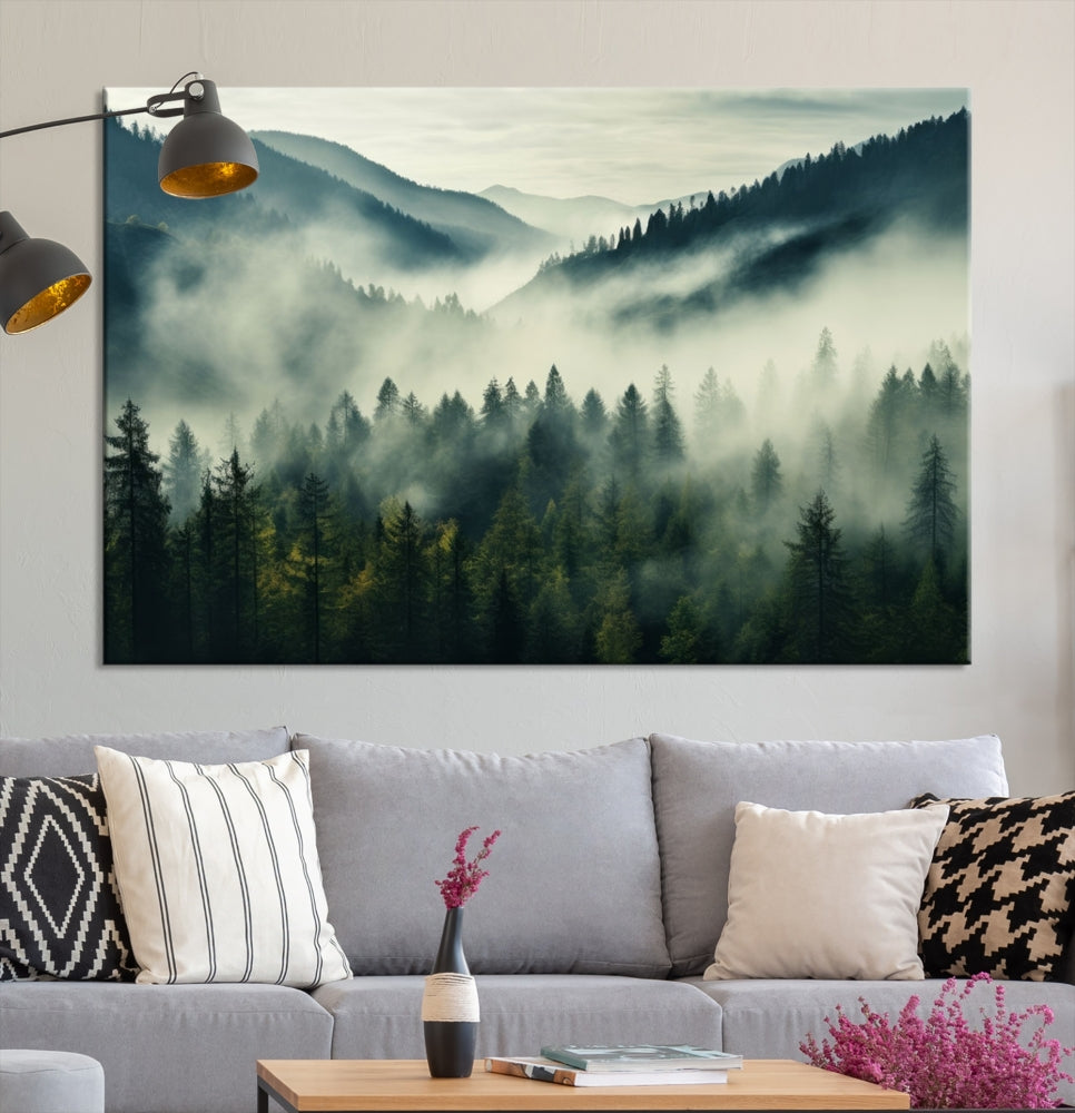 Captivant Misty Forest Wall Art Premium Impression sur toile une atmosphère brumeuse et sereine