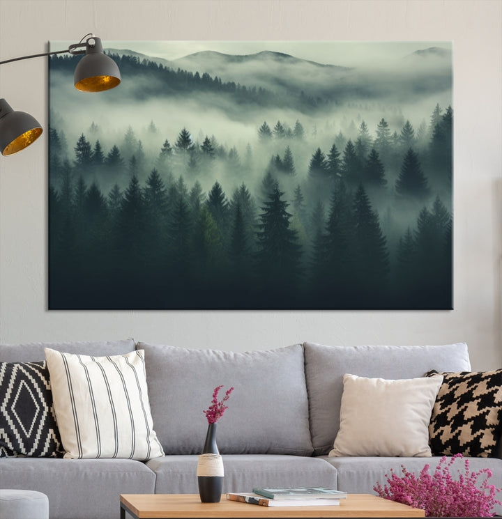 Misty Forest Wall Art Premium Canvas Print une atmosphère brumeuse et sereine