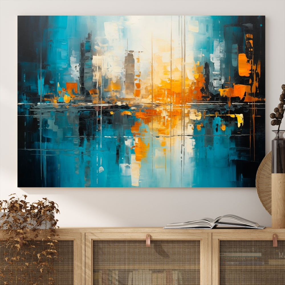 The Large Modern Abstract Wall Art Canvas Print, gallery wrapped on museum-quality canvas, enhances the modern living room setting.