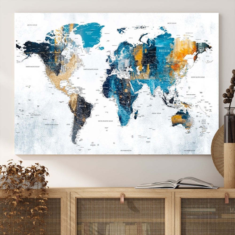 The World Map Turquoise Orange Wall Art Canvas Print, a triptych crafted on museum-quality canvases, adds aesthetic appeal and durability to the space.