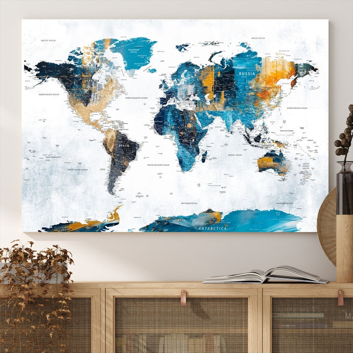 The "Turquoise Orange World Map Canvas Wall Art" showcases striking blue and orange tones. This museum-quality canvas features a UV-protective coating for enhanced durability and vibrant color retention.