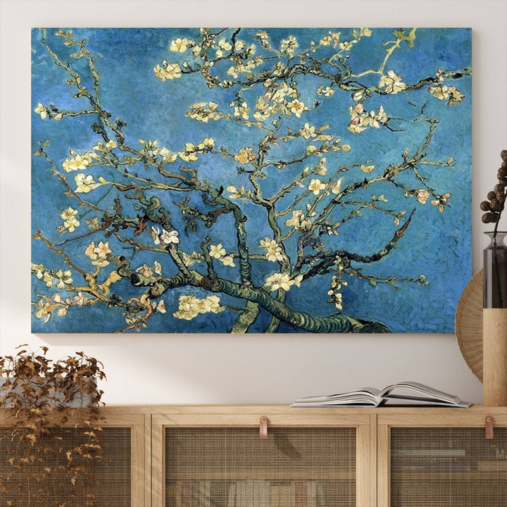 A Van Goghs Almond Blossom canvas print adds a touch of elegance to the wall.