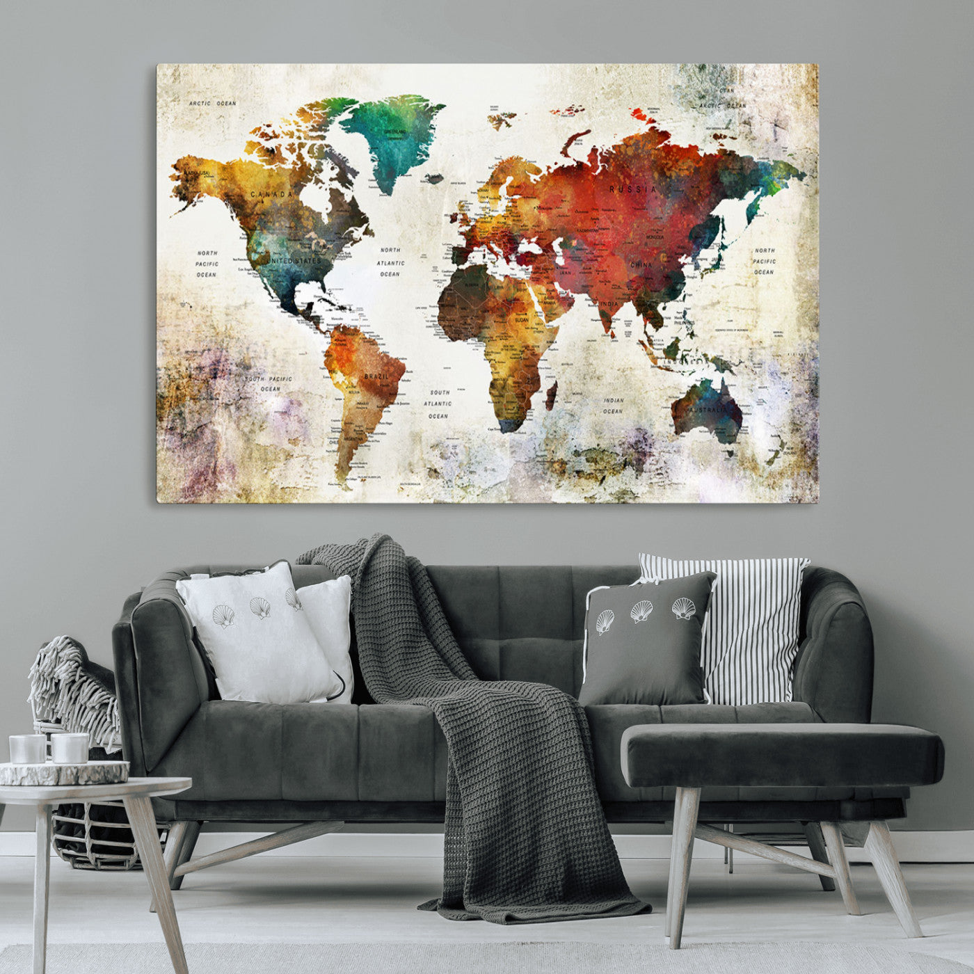 -Push Pin World Map Canvas Print – Framed Wall Art for Couples to Track Their Travels – Anniversary
