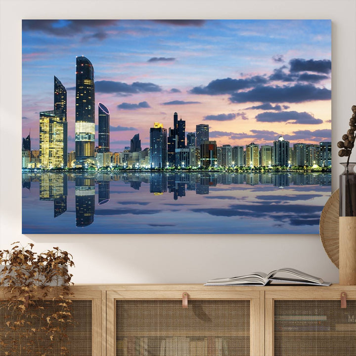 A gallery-quality wall art canvas print captures the Dubai city skyline with skyscrapers reflected in water at sunset.