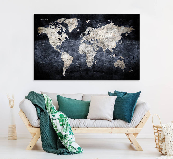 Rustic Black and Bronze World Map Canvas Triptych features white continents on a grunge-stained background.