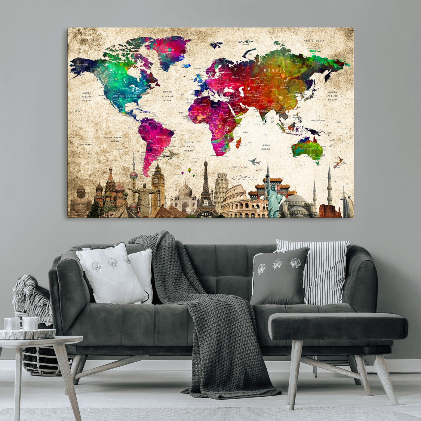 MGV-CV-36X24 - Push Pin World Map Canvas Print – Framed Wall Art for Couples to Track Their Travels – Anniversary