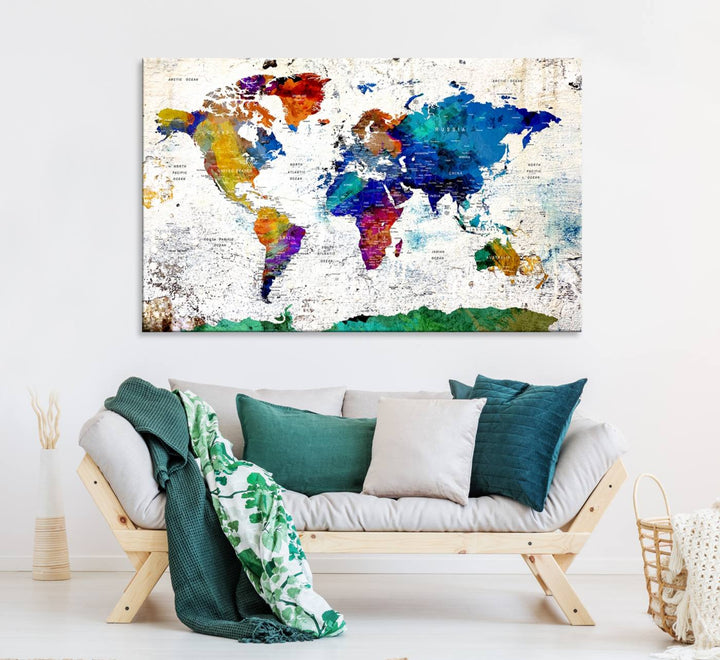 Colorful Abstract World Map Canvas Wall Art – Vibrant Contemporary Triptych Map Print – Framed Map Printing Decor for Living Room or Office