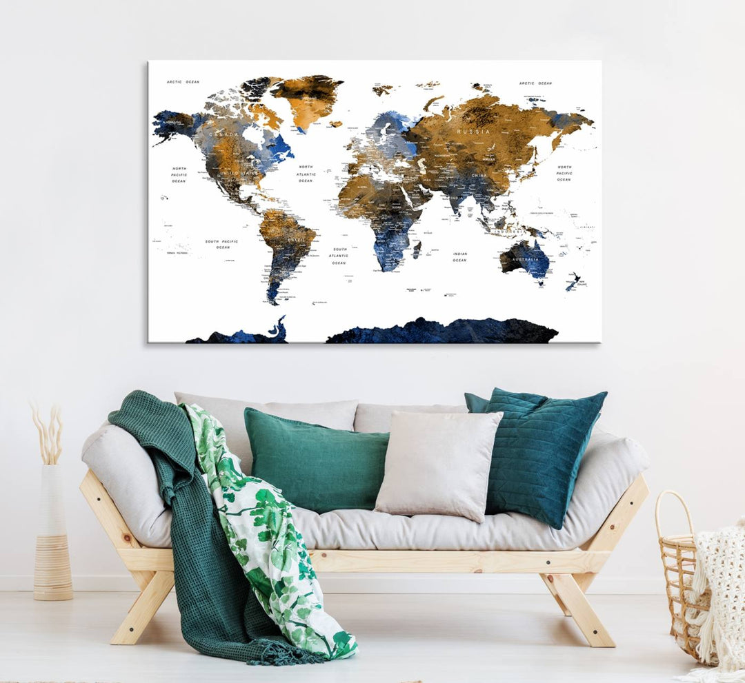 The Watercolor World Map Canvas showcases a grunge-stained background in gold, gray, and blue hues.