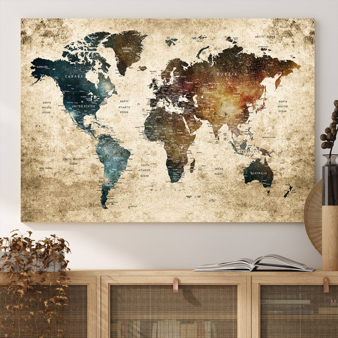 Vintage World Map Canvas Wall Art, perfect for antique-style decor, displayed against a light wood wall.