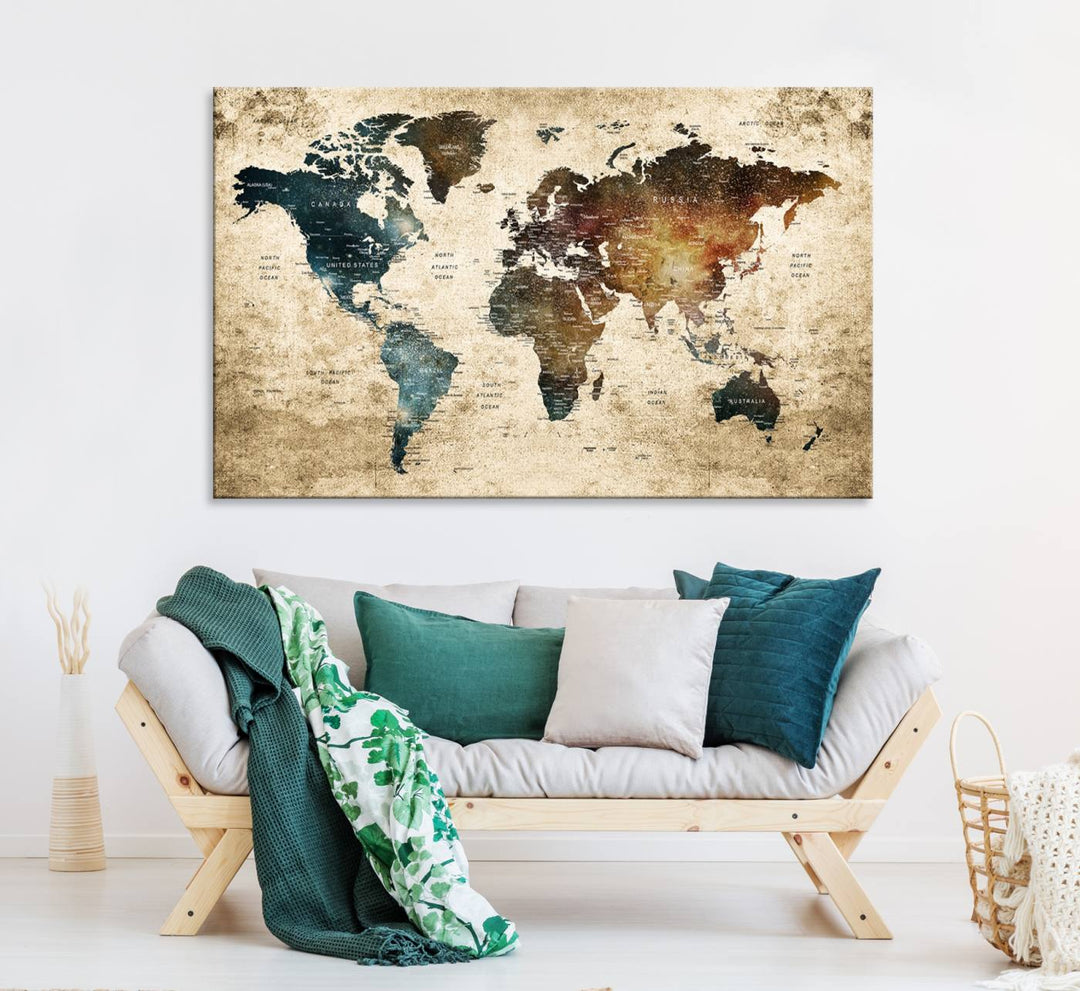 Grunge World Map Canvas featuring earth-toned continents, suitable for study, office, or living room.