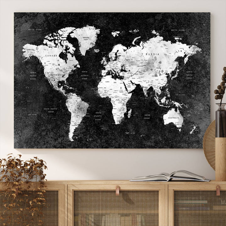 The dining room features a Modern Grayscale World Map 3-Panel Canvas Art as its focal point.