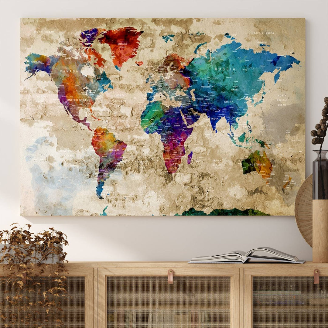 An Abstract Large Watercolor World Map Canvas Print hangs prominently.