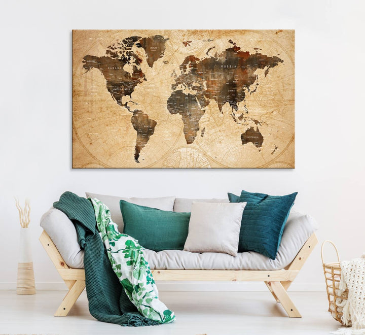 Vintage World Map Wall Art | 3 Panel Large Canvas Art | Antique World Map Canvas Print | Rustic Map Wall Art, Framed Gallery Wrapped