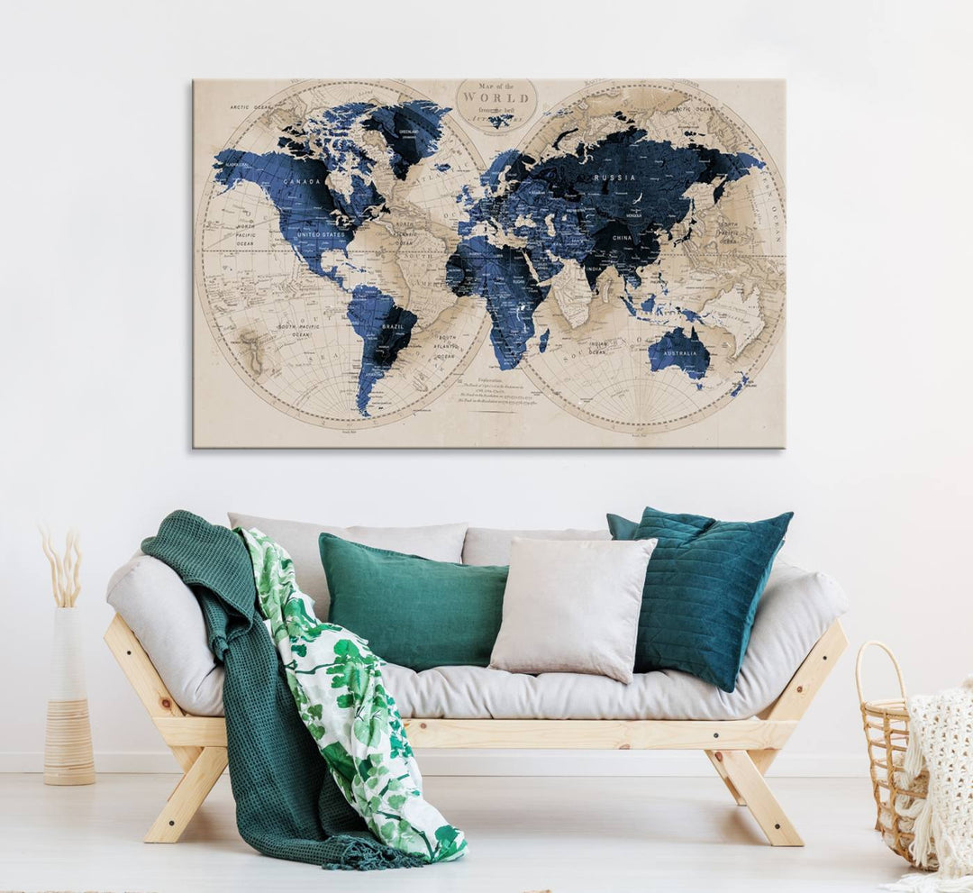 Vintage Triptych Map Print - Antique World Map Canvas Wall Art – Vintage Triptych Blue and Beige Map Print
