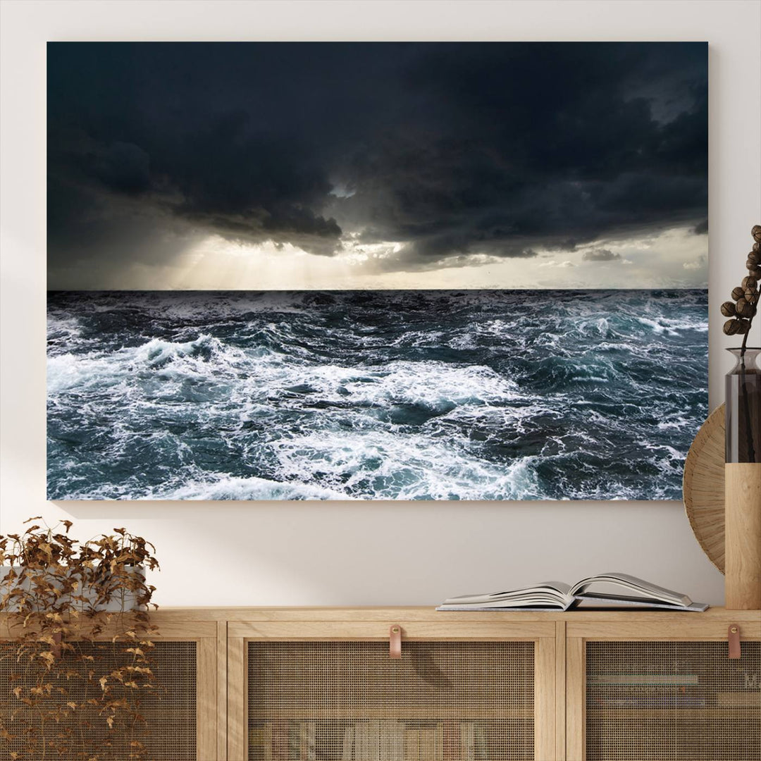 A Dark Clouds Stormy Sea canvas print, ready to hang, enhances the room.