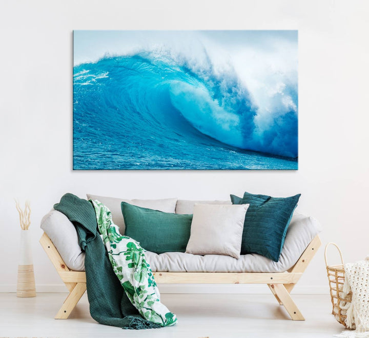 A museum-quality canvas depicting a vibrant blue ocean wave with white foam under a clear sky.