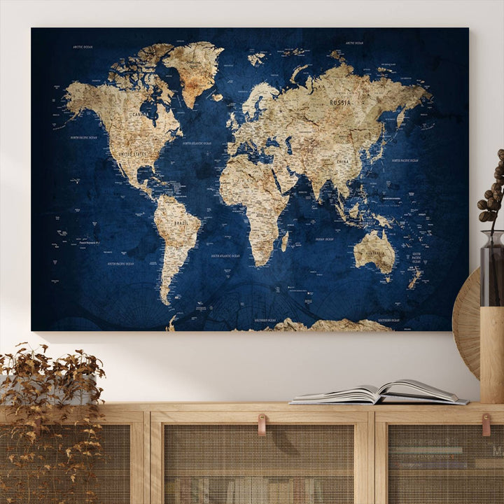 Classic Vintage Blue World Map Canvas Print featuring beige continents against a deep blue background.