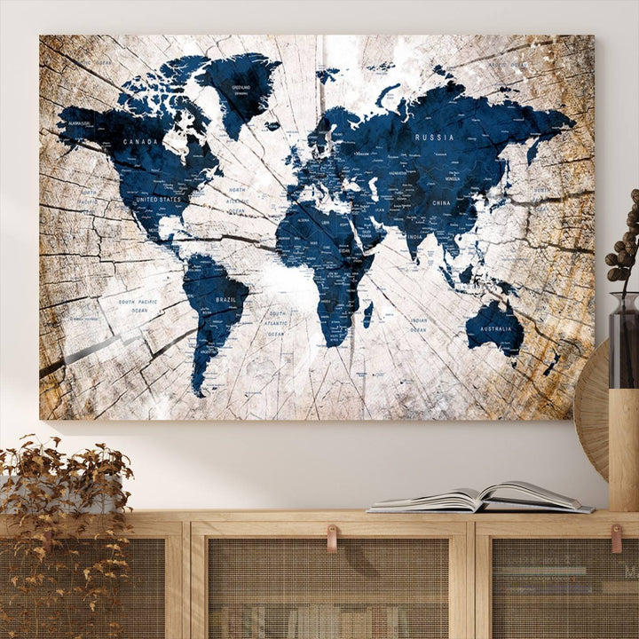 The Vintage World Map on Grunge Background Canvas serves as the focal point of the room.