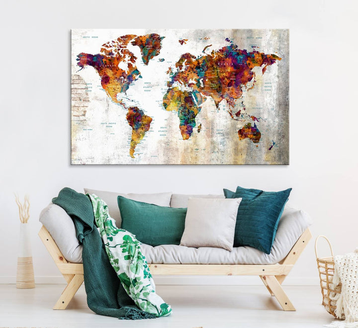 A vibrant Grunge Map Canvas Wall Art Set (3 Panels) for home or office decor, perfect for travel enthusiasts.