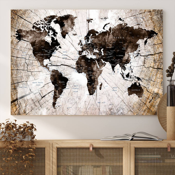 The Tree Ring World Map Canvas hangs above the table, blending into the nature-inspired setting.